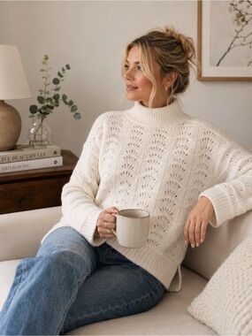 LOFT Outlet Cream Pointelle Mock Neck Sweater XL Cozy Knit Cottagecore NWT